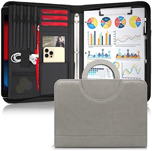 Portfolio Binder Organizer with Handle, 13.4 * 10 * 1.6 Inch Zippered Padfolio, Writing Pad Notepad Legal Size Detachable Business Folder Resume Interview Gift for Men Women (Gray)