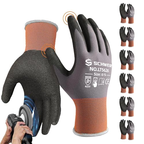 Schwer 6 Pairs Safety Work Gloves Sandy Nitrile Coated LT5626, Max Abrasion Resistant Heavy Duty Working Gloves with Grip for Men Women, Touch-Screen, for General Use, Mechanic, Construction, S