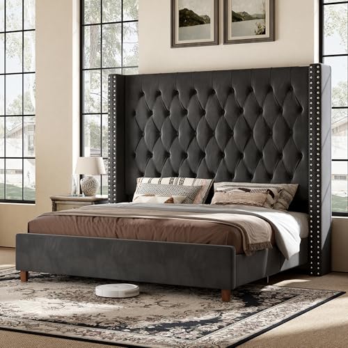 PaPaJet Queen Bed Frame with 61.4' Tall Wingback Headboard, Velvet Upholstered Platform Bed with Deep Button Tufting, No Box Spring Needed, Noise-Free&Easy Assembly, for Couples&Master Bedroom, Black