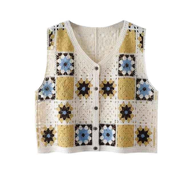 Women Hollow Out Sleeveless V-Neck Floral Knitted Crochet Waistcoat Top Vest Cardigan Dn89