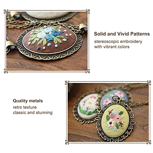 Image of ZOCONE 4 Packs Embroidery Necklace Kits, Embroidery Pendant Kit Mini Cross Stitch Kit with 4 Hoops, Necklace, Pendant, Stamped Pattern Cloth, Instructions, etc., Embroidery Kits for Adults
