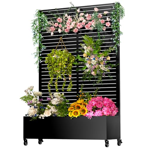 Metal Planter Box with Trellis,72'x47'x16'Galvanized Steel Outdoor Raised Garden Bed with Privacy Screen,with Drainage Holes & Lockable Casters for Climbing Plants,Vines,and Vegetables(Louvered-Black)