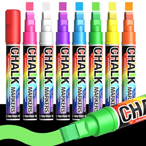 Window Chalk Markers for Cars Glass Washable: 8 Colors Jumbo Liquid Chalk Paint Pens with 10mm 3-in-1 Nib Thick Tips, Car Window Paint Markers for Auto Windshield, Mirrors, Blackboard Chalkboard Decor