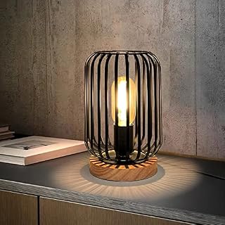 HHMTAKA Metal Cage LED Bedside Table Lamp Wooden Base Desk Lamp 22cm High Decorative Bedside Lamp with Edison Bulb for Bedroom Living Room Guest Room Weddings Parties Patio