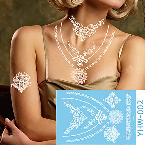 White Henna Temporary Tattoos 6 Sheets Henna Temporary Tattoos Lace Mystery Sexy Mandala Flower Design Body Art Waterproof Fake Tattoos Henna Stickers For Women Girl Wedding Body Face Arm Legs Decor #TOP5