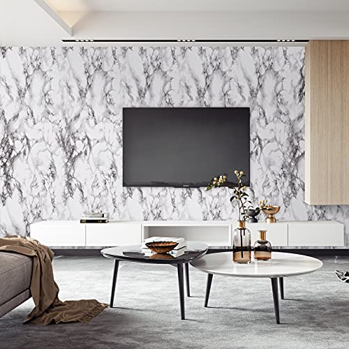 Image of Caltero Marble Peel and Stick Wallpaper, Glossy Marble Contact Paper, 15.7 inch x 472 inch, Black, White, Grey for Countertop, Kitchen Cabinets, Bathroom
