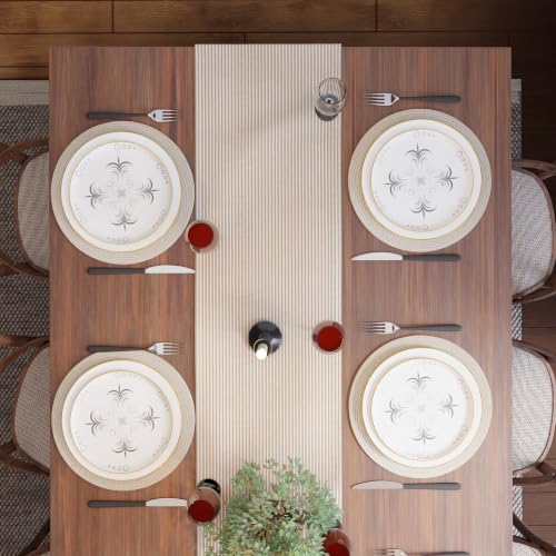 Image of Encasa XO Cotton Table Runner for 8 to 10 Seater | Size 13x120 in | Ticking Beige - Machine Washable & Durable
