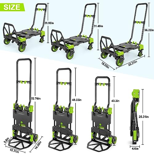 Image of Heavy Duty 330lbs Folding Hand Truck, 2 in 1 Alu Foldable Dolly, Green | Portable Folding Hand Cart, Converts to 2 & 4 Wheel Platform Truck with 5 inch Solid Rubber Wheels, 3-Gear Handle for Moving