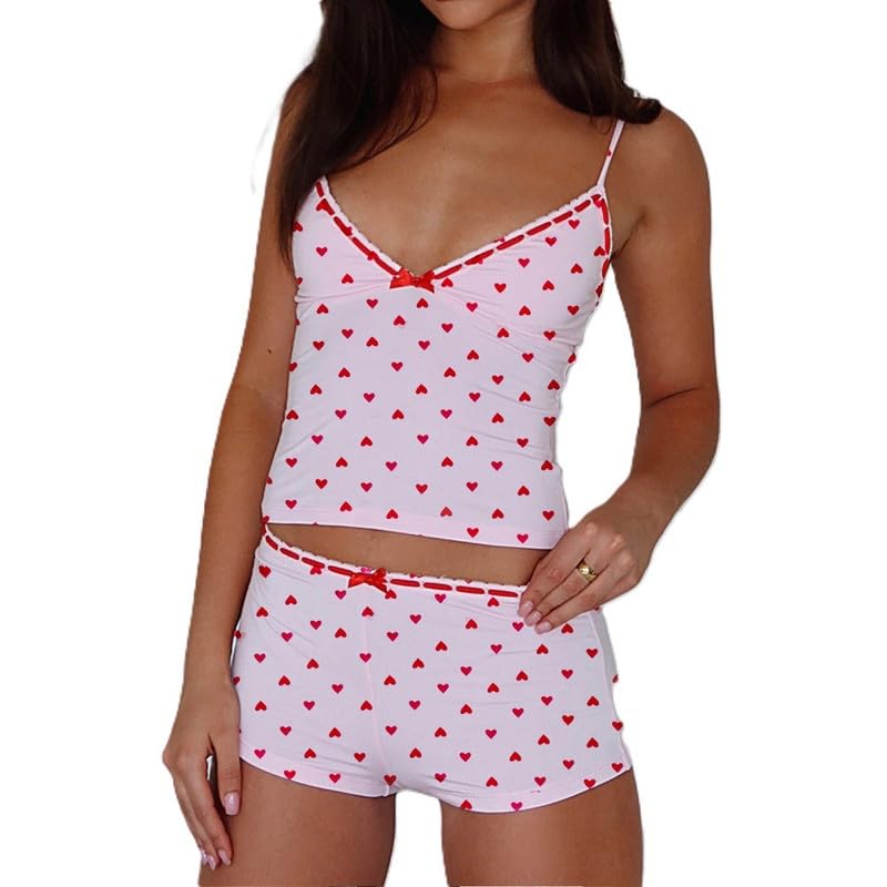 Image of Womens Y2K Cute Print Cami Pajama Sets Lace Trim V Neck Tank Top Shorts Set Bow Heart Print 2 Piece Sleepwear