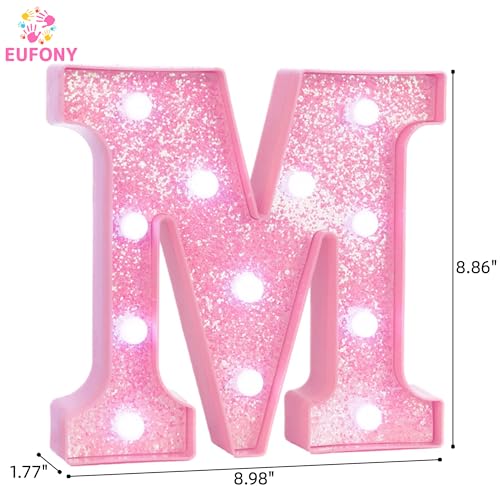 Image of Pink Marquee Light Up Letters, Glitter Alphabet LED Letter Lights for Pink Birthday Party Decorations, Battery Operated Letter Sign for Girls Room Vanity Table Decor, Cool White Lights Letter M