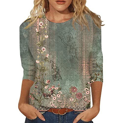 L9WEI Dames bloemen tuniek elegant lang shirt print zomer lange blouse ronde hals 3/4 mouwen T-shirts losse comfortabele tops casual damesblouse, X01-groen, XL