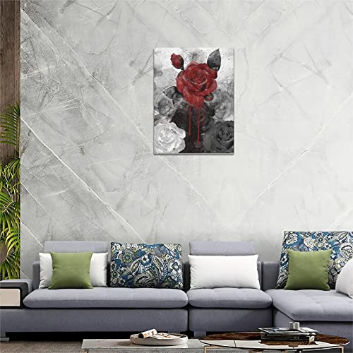 Vintage Rose Painting Canvas Wall Art, Retro Black And White Red Rose Flower Ink Painting Picture Print, Modern Rose Wall Decor Floral Artwork Poster Framed For Living Room,Bedroom Bathroom 12"X16" #TOP5