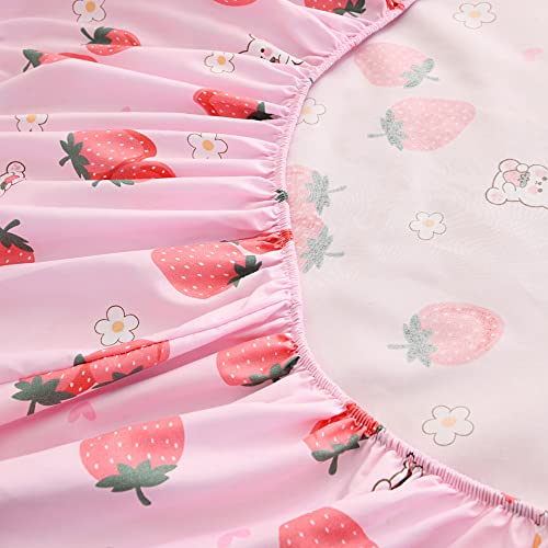 Kwlover 2Pc Soft Bed Fitted Sheet And Pillowcase Set,Strawberry Printed Sheets For Kids Full Size Bed (Pink,Full) #TOP5