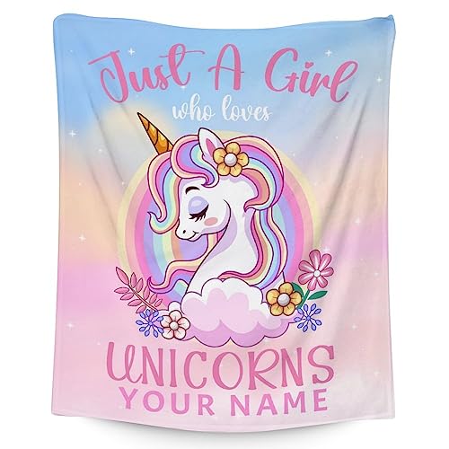 Personalized Unicorn Blanket Gifts with Name - 50x60 Inches Cute Throw for Girls - Pink Soft Fuzzy Blankets for Bed, Couch & Living Room