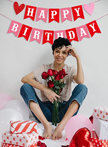 Image of FestikoHappy Birthday Banner for Valentine's Day Red Pink Valentine's Day Themed Birthday Banner with Glitter Heart Signs Valentines Birthday Paper Banner for Home Wall Party Decorations Supplies