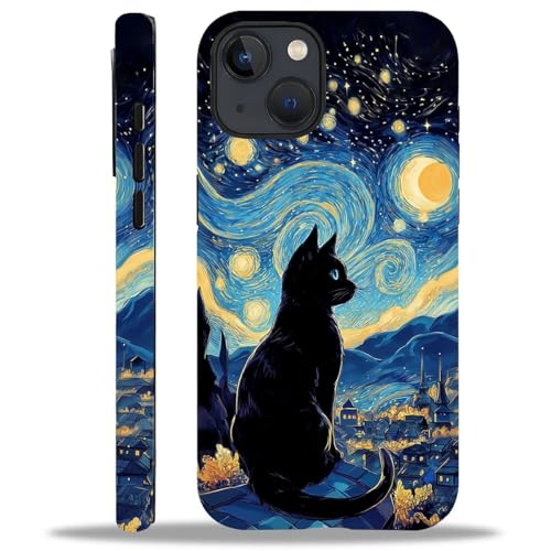 Coque iPhone 15 antichoc en silicone souple mat anti-rayure motif chat noir et étoiles