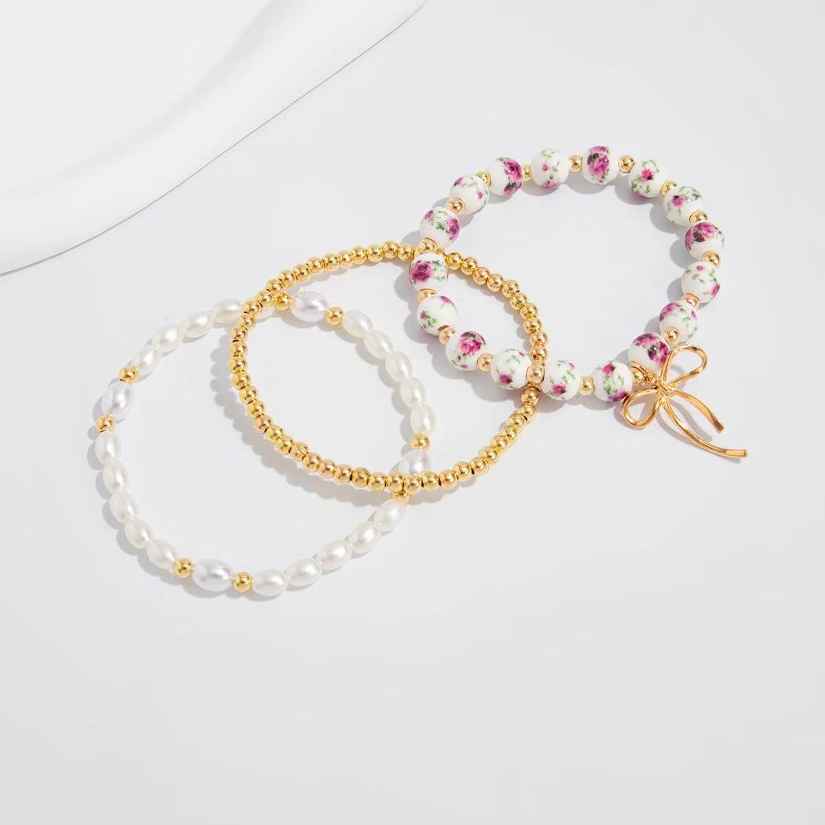 Gold Bow Bracelet Set for Women Beaded Bow Bracelet Stackable Stretch Bead Ball Bracelets Pearl Bracelets Fashion Jewelry for Women - Image 6