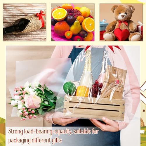 Image of Wonderjune Wooden Baskets for Back to School Gifts Empty Wood Basket with Cellophane Bag Ribbon Greeting Card for Birthday Baby Shower Wedding Housewarming Gifts Packaging(Wood,Small)