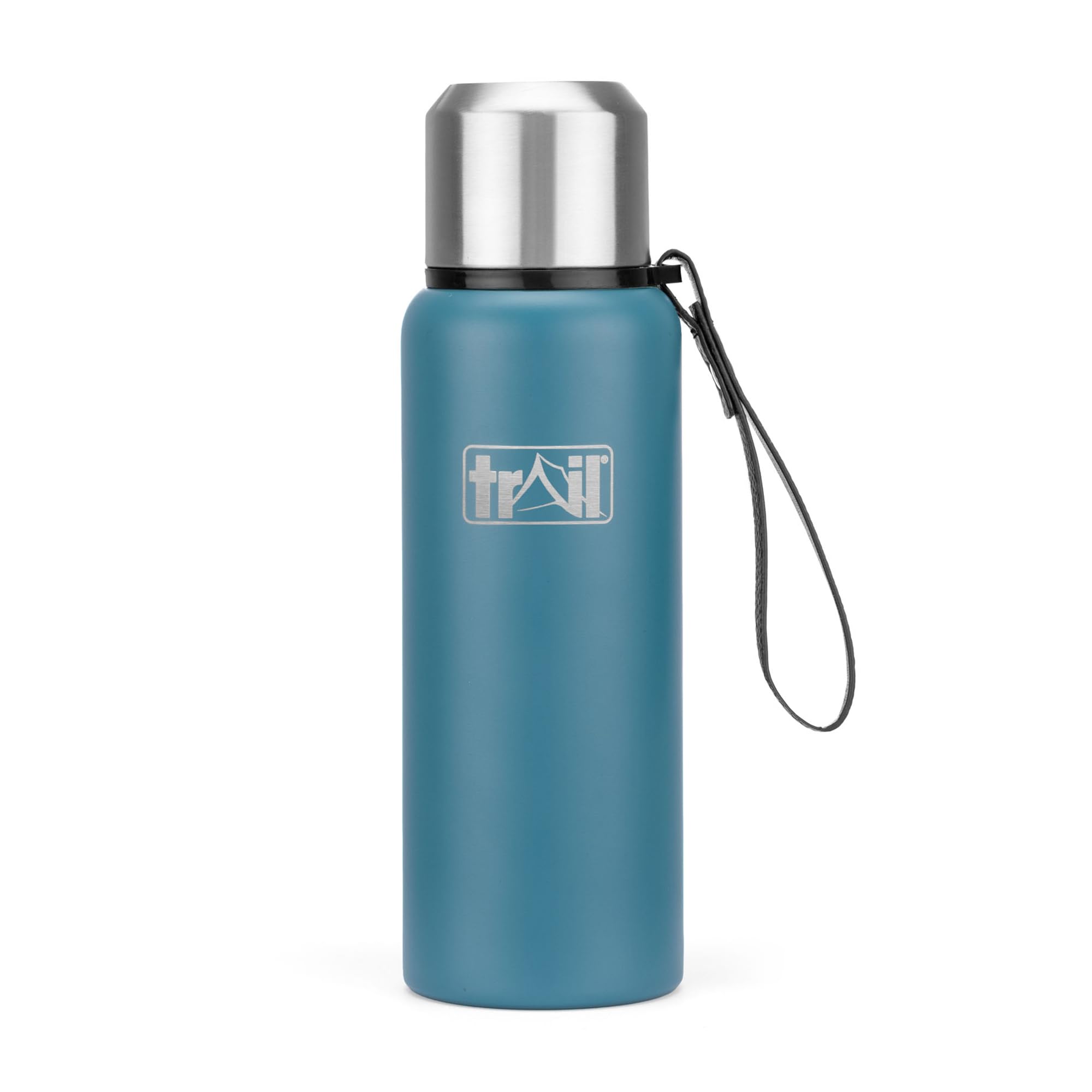 Trail Vacuum Flask with Strap 600ml, Stainless Steel Thermal Flask for Camping, Hiking & Travel, Keeps Drinks Hot 12hrs / Cold 24hrs, Double Walled, Leak-Proof, Twist-&-Pour Stopper, Lid Cup (Teal)