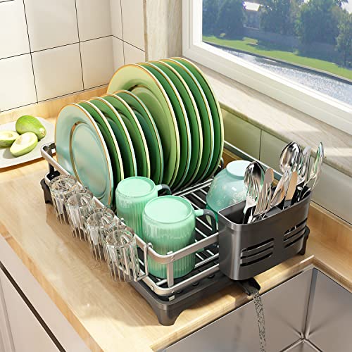Pxrack Aluminum Dish Drying Rack, Large Dish Racks For Kitchen Counter, Multifunctional Anti-Rust Dish Rack And Drainboard Set With Swivel Spout, Dish Drainers Organizer For Dishes Cutlery&Cup Holder #TOP17