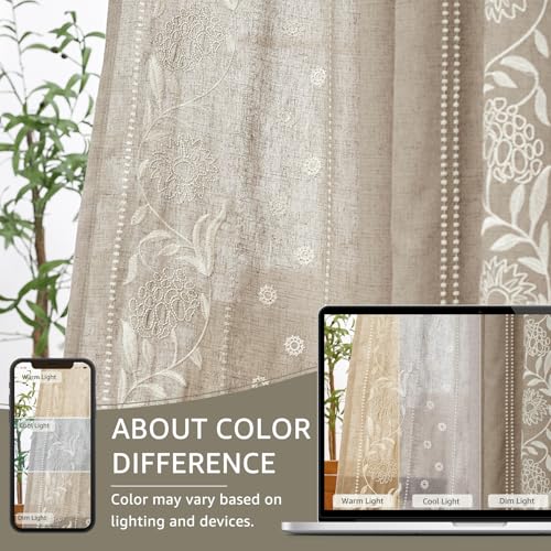 Image of jinchan Taupe Floral Linen Curtains for Living Room 63 inch Back Tab 2 Panels