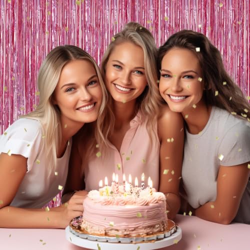 Image of DECOCKRAT 2 Pack Foil Fringe Backdrop - Laser Pink Shiny Tinsel Curtains for Party Decoration /Photo Booth Props - 3.3x6.6 FT Metallic Foil Backdrop for Birthday, Wedding, Graduation, Christmas.