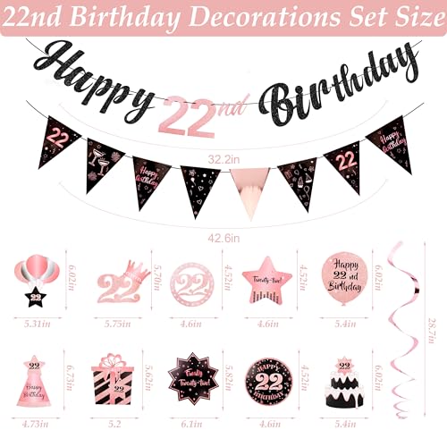 Image of 22nd Birthday Decorations for Her Rose Gold Pink Pre Strung Happy 22nd Birthday Banner and Hanging Swirls 22 Year Old Party Decorations Supplies