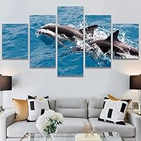 SIGNWIN 5 Panel Canvas Wall Art Modern Art Dolphin Expressive Marine Life Multicolor Nautical Photography Whale for Home Decorations Ready to Hang - 60