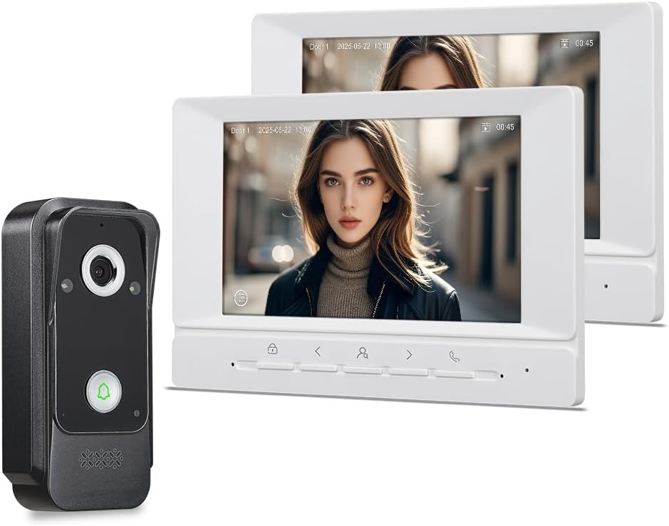 Wired 1080P HD Video Door Phone Intercom System, 2.0MP Video Doorbell Camera IR Night Vision Waterproof with 7 Inch IPS LCD Display 2 Monitors, Two-Way Audio/Unlock/Record