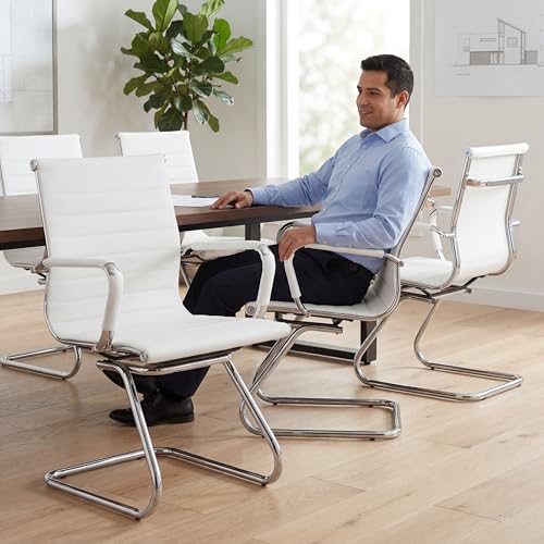 Image of Conference Room Chairs Set of 4, Waiting Room Chairs with Arms, Faux Leather Reception Chairs No Wheels, Office Guest Chairs with Mid Back Support and Chrome Sled Base, WhiteWhite