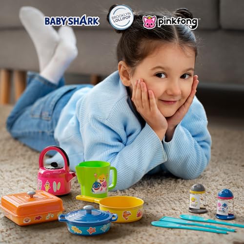 Lollipop Baby Shark Cooking Adventure Set: Play Kitchen with Pots, Pans, Utensils, Measuring Cup, Tea Kettle, Salt, and Pepper Shaker - Great Kids Kitchen Playset