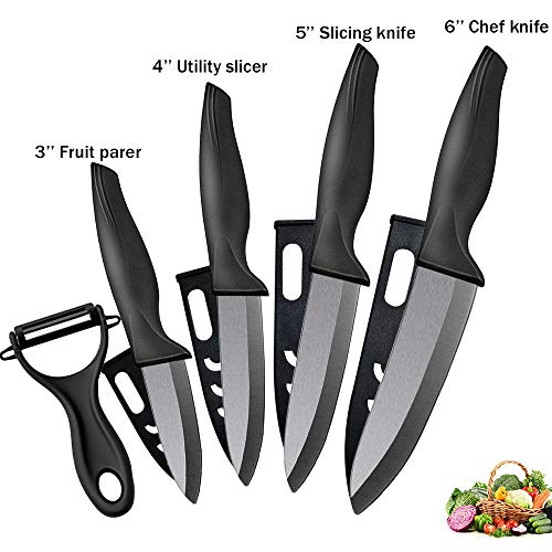 Foto von H hefumei Keramikmesser Set, 4 Keramik Küchenmesserset mit Schutzhülle und Klingenschutz in Schwarz, Kochmesser Rostfrei - antibakteriell zum Schneiden Obst Gemüse Fleisch