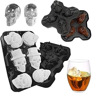 Sunerly 3D Skull Shape Halloween Silicone BPA Free Silicone Ice Cube Mould Tray with Lid Makes 4 6 Vivid Skulls, Freezer Tray for Whiskey, Cocktail, Liqueur and Gin Glasses