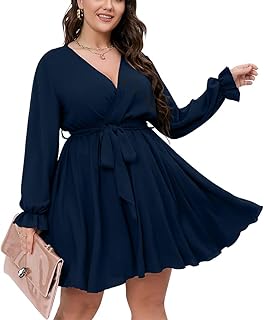 SCOMCHIC Women's Plus Size Long Sleeve Wrap V Neck Tie Waist A Line Mini Dress