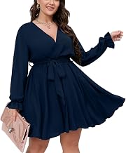 SCOMCHIC Women's Plus Size Long Sleeve Wrap V Neck Tie Waist A Line Mini Dress