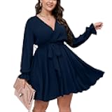 SCOMCHIC Women's Plus Size Long Sleeve Wrap V Neck Tie Waist A Line Mini Dress