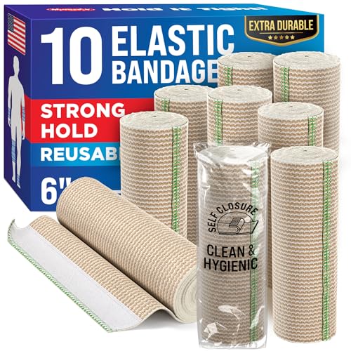 6h Premium Elastic Bandage Wrap - 10 Pack - Hook & Loop Closures - Wide Compression Bandage Wrap