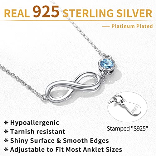 Chicsilver 925 Sterling Silver Anklet For Women Teen Girls, Minimalist Delicate Infinity Ankle Bracelet With Round Simulated Birthstone Foot Chain Summer Vacation Beach Jewelry (March - Aquamarine) #TOP3
