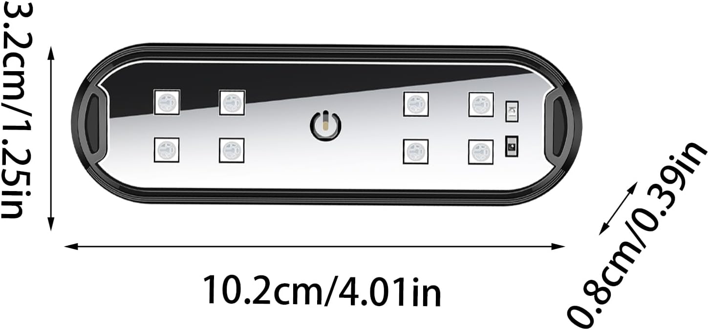Diagram showing the dimensions of the Povanjer LED Car Door Sill Welcome Light: 10.2 cm (4.01 in) length, 3.2 cm (1.25 in) width, and 0.8 cm (0.39 in) thickness.