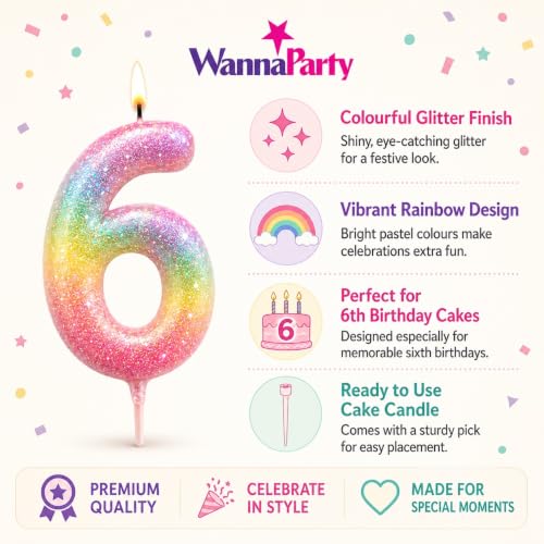 Image of Wanna Party Glitter Colorful 6th Birthday Candle, Number 6 Cake Candle Cake Toppers for Girl Women, Glitter Colorful Themed Party Decorations Supplies Birthday Gifts
