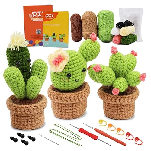 ERCESHOP Crochet Kit for Beginners Crochet Kits for Kids and Adults Include Cute Cactus DIY Knitting Supplies Crochet Animals Kits with Step-by-Step Video Crochet Starter Kits 3 PCS Plants Family