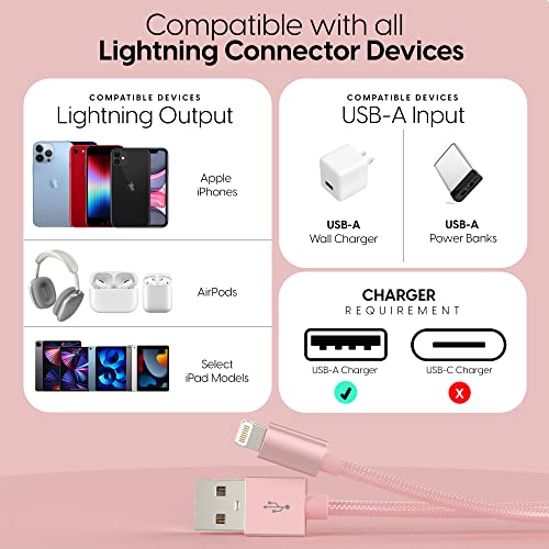 Talk Works Iphone Charger Lightning Cable 10Ft Long Braided Heavy Duty Cord Mfi Certified For Apple Iphone 13, 12, 11 Pro/Max/Mini, Xr, Xs/Max, X, 8, 7, 6, 5, Se, Ipad, Airpods, Watch - Rose Gold #TOP5
