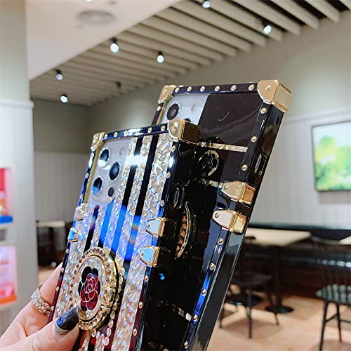 Image of for Samsung Galaxy A34 5G Trunk Case Luxury Box for Women Girls Design Gold Glitter Bling Cute Flower Pattern Soft Cover with Finger Ring Grip Kickstand Fancy Phone Skin,Black