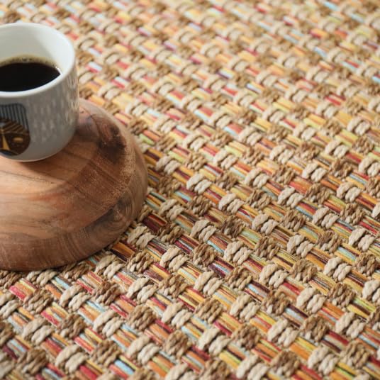 Decoweb Moquette Tissé Plat - Népal Natté 4x4 - Nature Multicolor Rouge - Rouleau de 4m x 3.00m