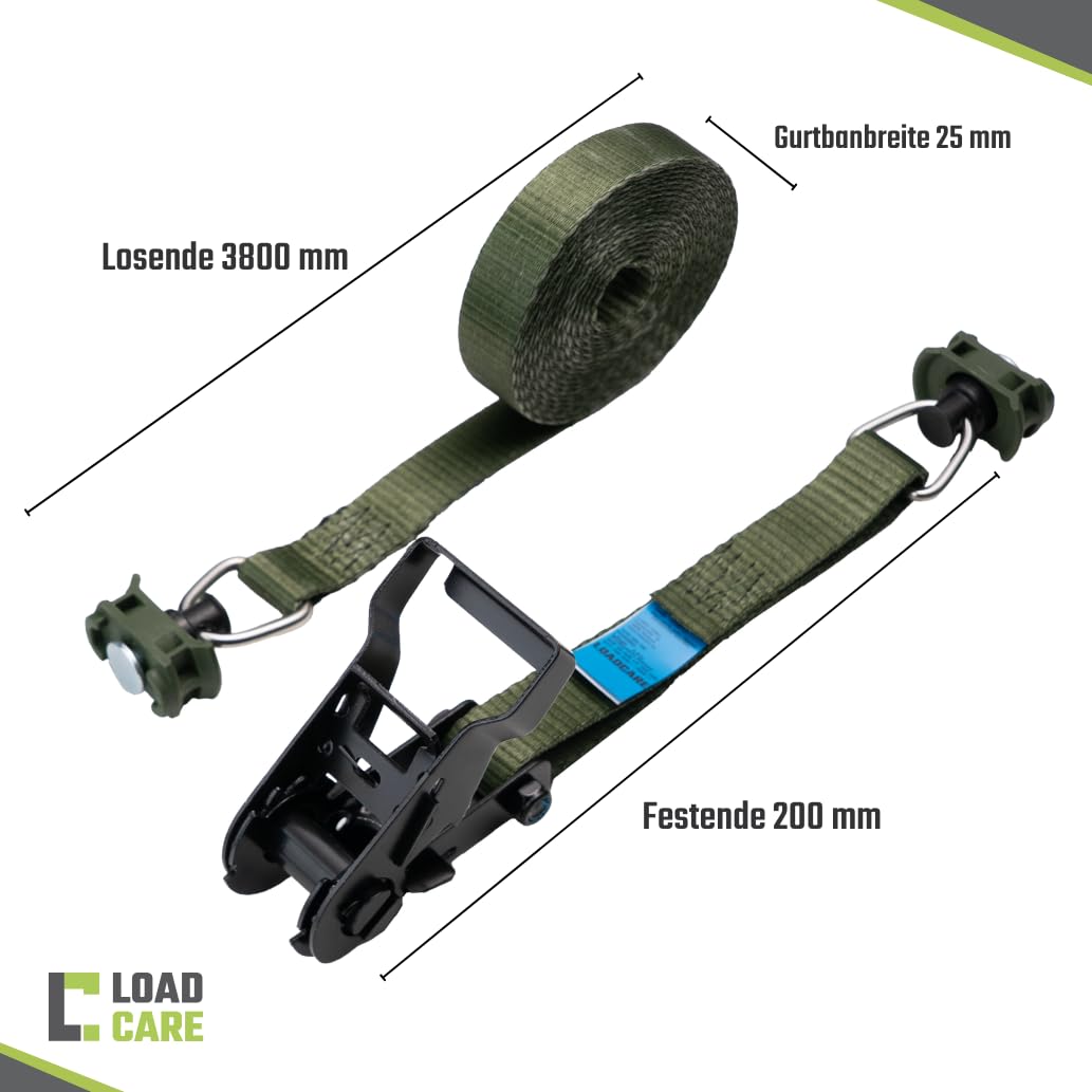 Set di 2 cinghie di ancoraggio a cricchetto per binari aerei, 25 mm, LC 500 daN, STF 200 daN, cricchetto nero di alta qualità, raccordi terminali per binario aereo, estremità smussata (2