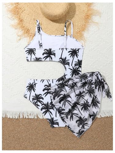 SweatyRocks Girl's Tropical Print One Piece Swimsuit Cut Out Asymmetrical Bathing Suit with Sarong Wrap2