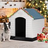 FLL Extra Large Dog House for Large Medium Dogs 41x37.4x39 inch Plastic Water Resistant Dog Houses with Hight Base Support for Winter Tough Durable House with Air Vents Elevated Floor, Blue Black