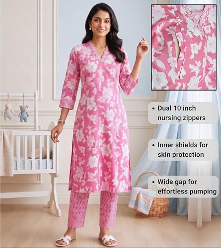 Image of DUMMY SHAPE Feeding Kurtis for Women Cotton Blend | Floral Kurta Pant Dupatta Set with Nursing Zippers to Pre & Post Partum | Maternity Dresses | Mom to Be Gifts for Pregnant Woman