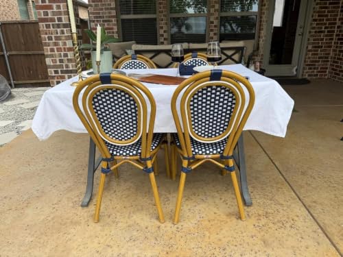 PURPLE LEAF Patio Dining Chair Set of 4 Outdoor French Aluminium Frame in Bamboo Finish with Navy Blue & White Woven Rattan for Indoor Kitchen Deck Bistros Cafe