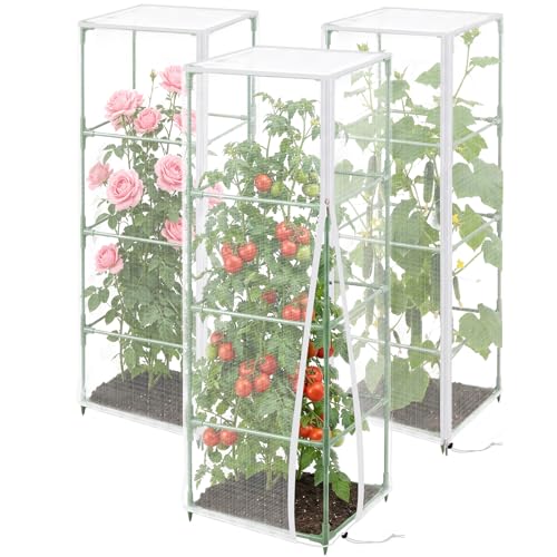 3 Pcs Tomato Netting for Garden Protection 57 X 17.7 X 17.7 Square Tomato Cage Insect Barrier Plant Netting Mesh Cover with Zipper & Drawstring for Vertical Climbing Plants Vegetables Fruits